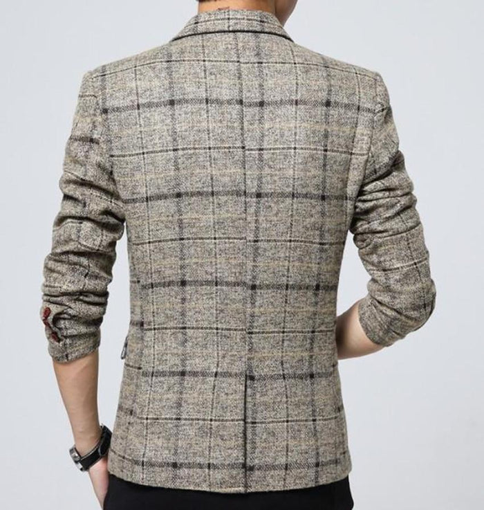 Navy Checkered Men's Sports Coat: dark navy, black men's blazer jacket worn over a button-up shirt, smart casual style