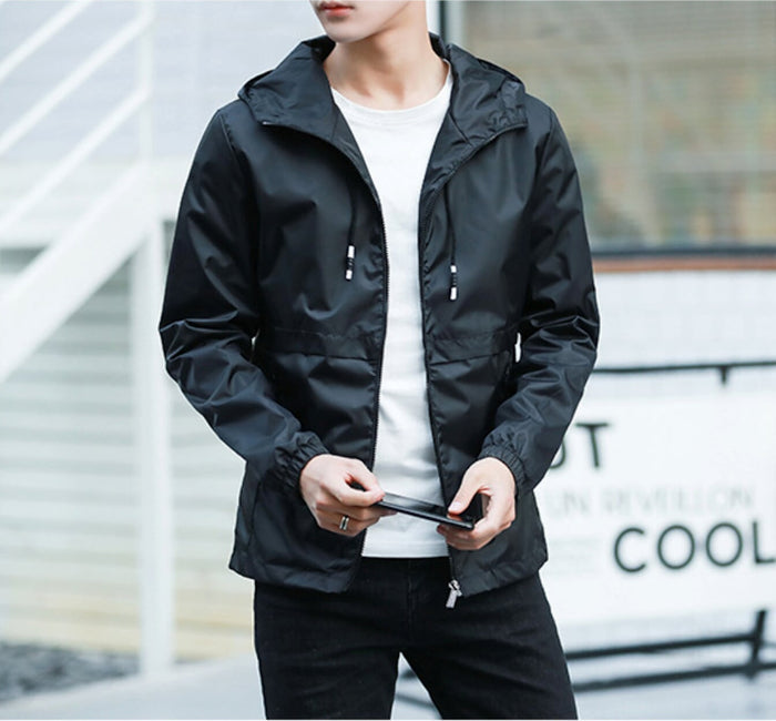 Navy Men's Windproof Jacket: dark navy blue, black hooded zip-front jacket, minimal casual style