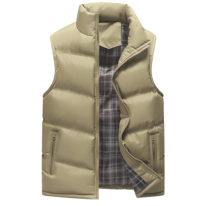 Navy Men's Winter Puffer Vest with Zip Closure: dark navy, black sleeveless puffer vest, minimal casual style