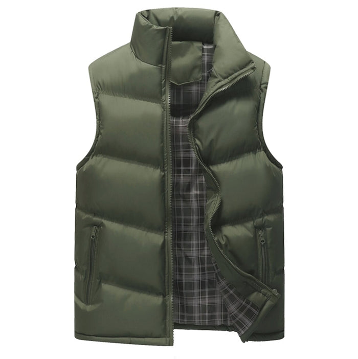 Navy Men's Winter Puffer Vest with Zip Closure: dark navy, black sleeveless puffer vest, minimal casual style