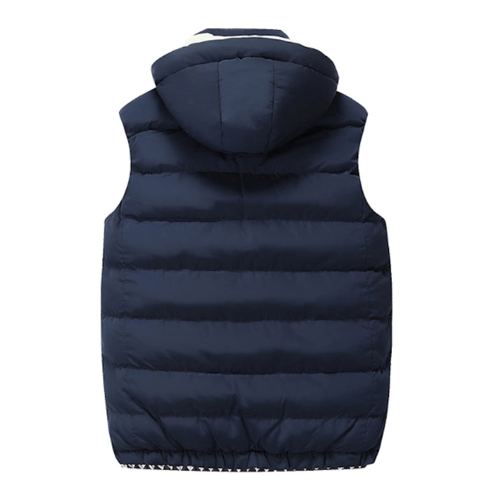 Navy Two Tone Hooded Winter Vest for Men: navy blue, off-white hooded puffer vest, casual sporty style
