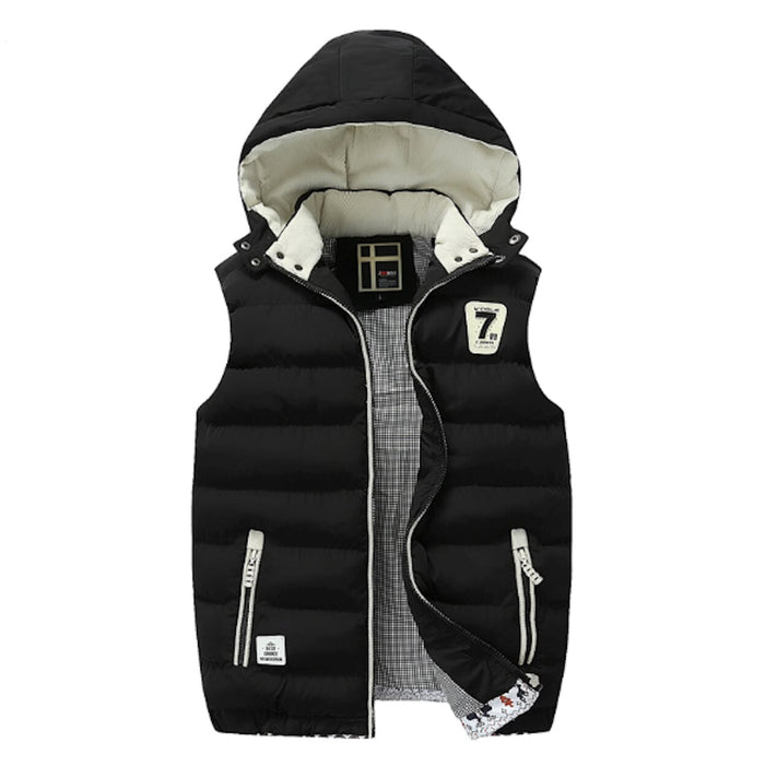 Navy Two Tone Hooded Winter Vest for Men: navy blue, off-white hooded puffer vest, casual sporty style