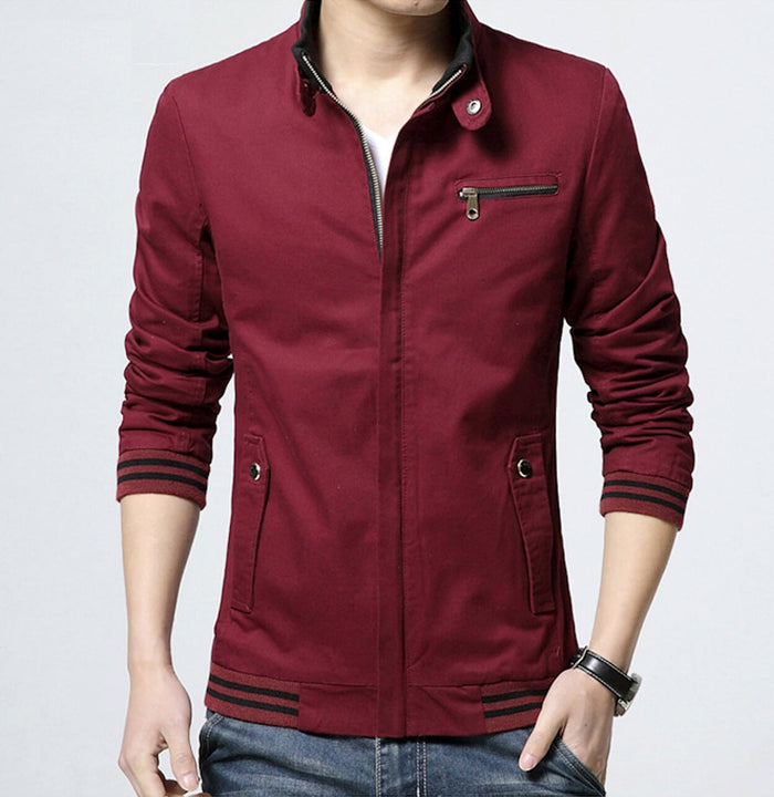 Navy Zip-Front Jacket for Men with Stand Collar: navy blue, beige zip-up jacket, casual style