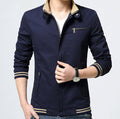 Navy Zip-Up Jacket with a Stylish Stand Collar for Men: navy blue, beige zip-up jacket, casual minimal style