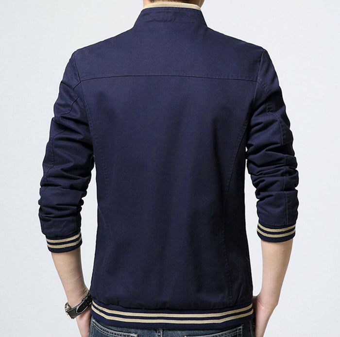 Navy Zip-Up Jacket with a Stylish Stand Collar for Men: navy blue, beige zip-up jacket, casual minimal style