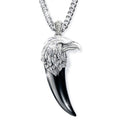 Necklace with Eagle Claw and Head Design: silver, black eagle head and talon/claw-shaped pendant, realistic animal motif styl