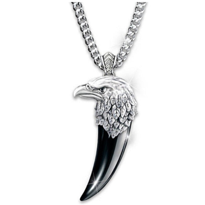Necklace with Eagle Claw and Head Design: silver, black eagle head and talon/claw-shaped pendant, realistic animal motif styl