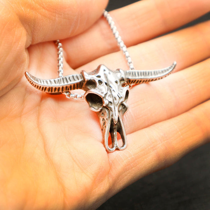 Necklace with Ox Head Pendant: silver, black animal skull/cow skull motif, minimal western-inspired style