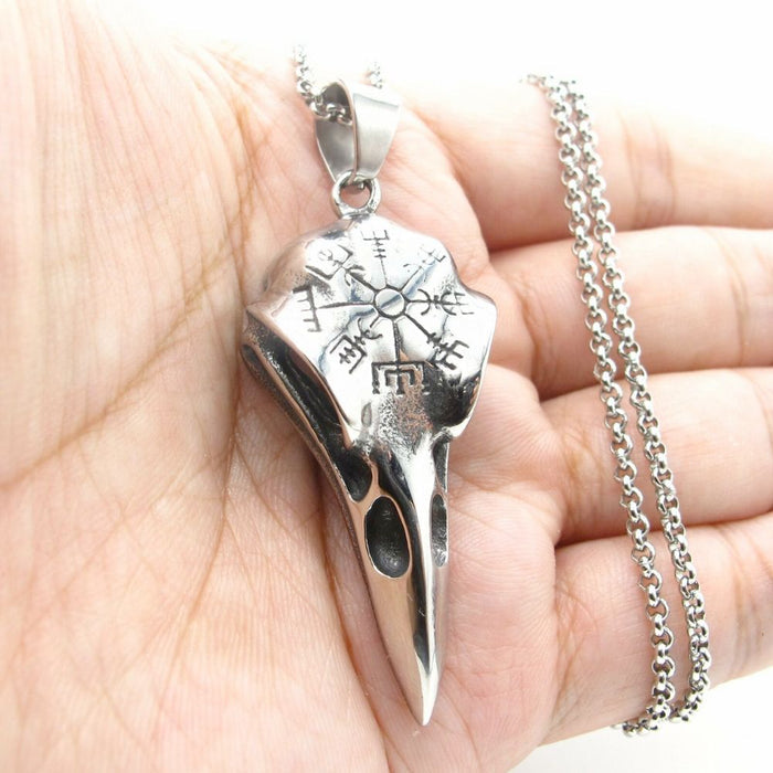 Necklace with Pendant Shaped like a Crow Skull in the Style of Vikings: silver, dark gray bird skull with snowflake motif, go