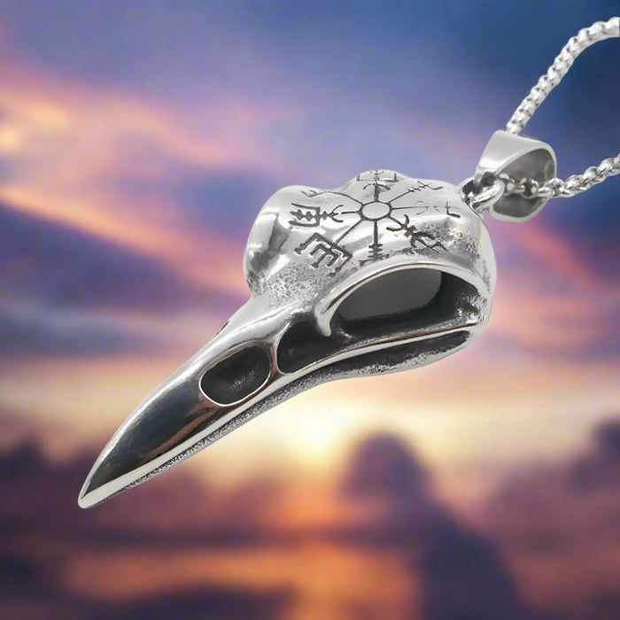 Necklace with Pendant Shaped like a Crow Skull in the Style of Vikings: silver, dark gray bird skull with snowflake motif, go