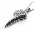 Necklace with Pendant Shaped like a Crow Skull in the Style of Vikings: silver, dark gray bird skull with snowflake motif, go