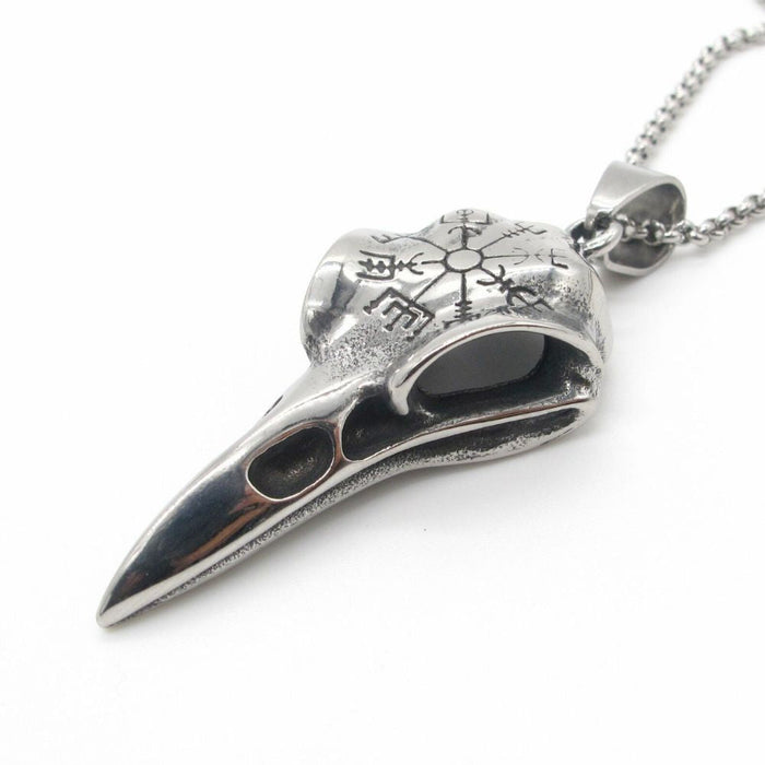 Necklace with Pendant Shaped like a Crow Skull in the Style of Vikings: silver, dark gray bird skull with snowflake motif, go