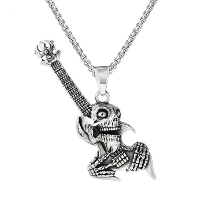 Necklace with Skull Gothic Guitar Design: silver, dark gray skeletal creature/character, gothic cartoon style