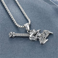 Necklace with Skull Gothic Guitar Design: silver, dark gray skeletal creature/character, gothic cartoon style