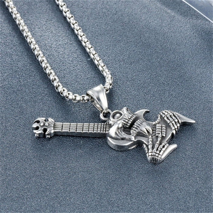 Necklace with Skull Gothic Guitar Design: silver, dark gray skeletal creature/character, gothic cartoon style