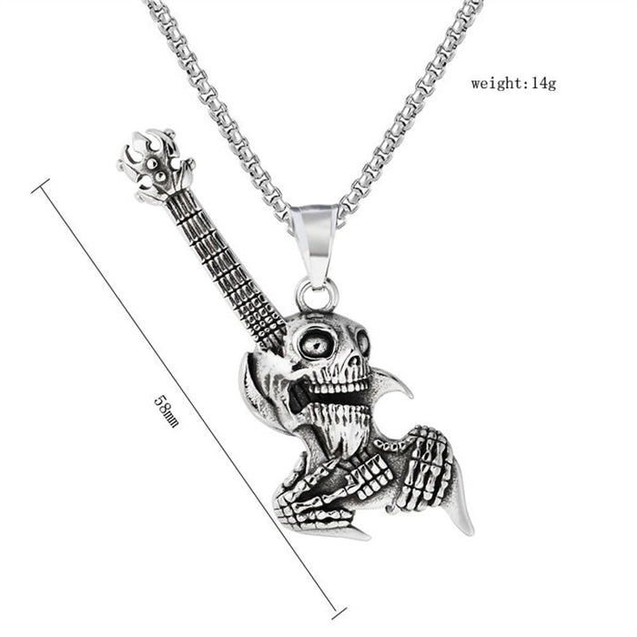 Necklace with Skull Gothic Guitar Design: silver, dark gray skeletal creature/character, gothic cartoon style