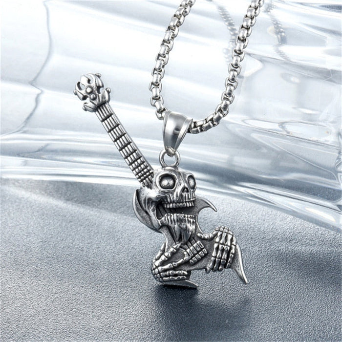 Necklace with Skull Gothic Guitar Design: silver, dark gray skeletal creature/character, gothic cartoon style