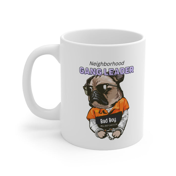 Neighborhood Pug Boss Coffee Cup: white, brown cartoon pug dog