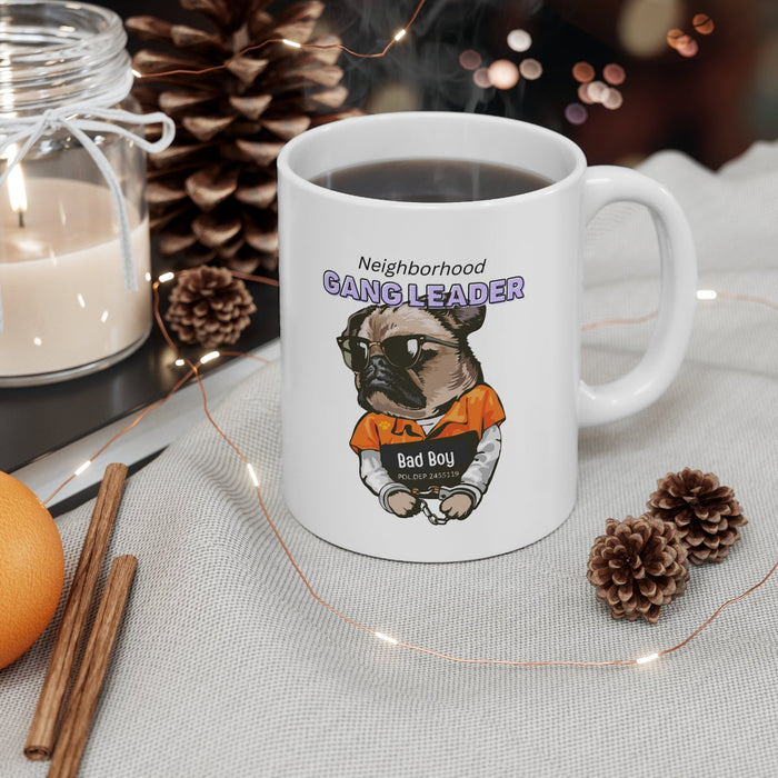 Neighborhood Pug Boss Coffee Cup: white, brown cartoon pug dog