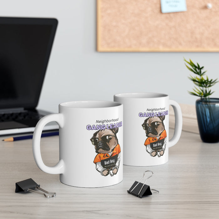 Neighborhood Pug Boss Coffee Cup: white, brown cartoon pug dog