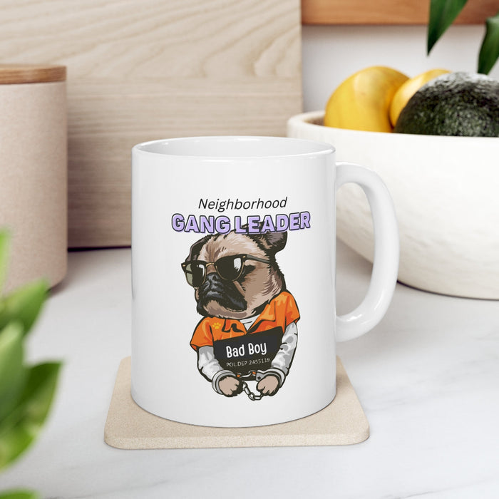 Neighborhood Pug Boss Coffee Cup: white, brown cartoon pug dog