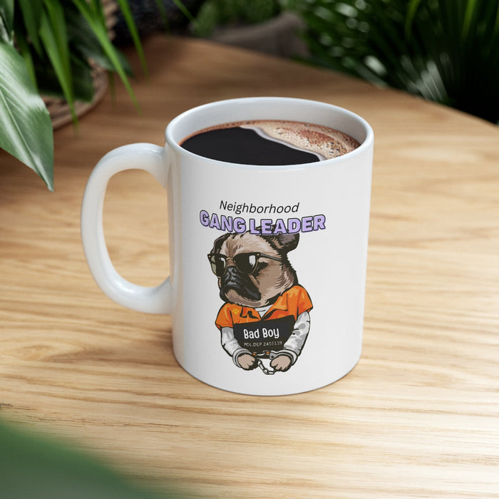 Neighborhood Pug Boss Coffee Cup: white, brown cartoon pug dog