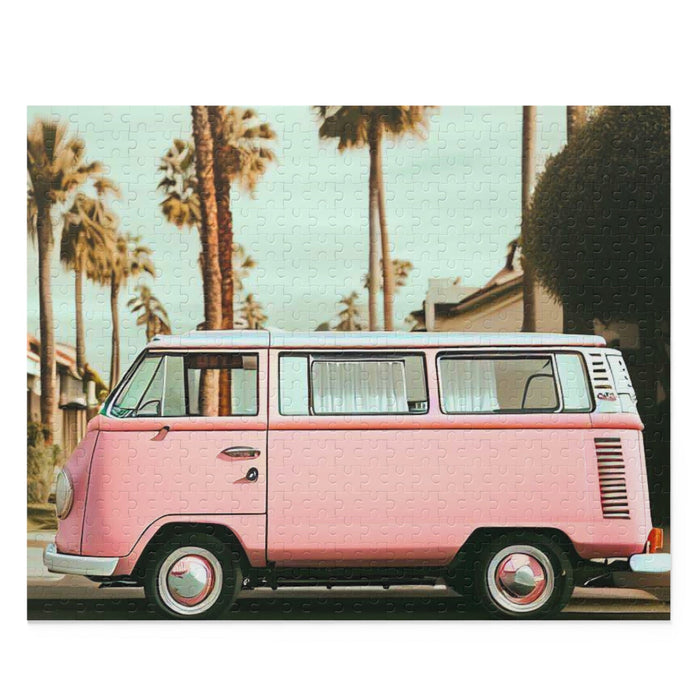 Neighborhood Retro Van 500-Piece Jigsaw Puzzle: pink, white pink vintage van with palm trees, retro photographic style