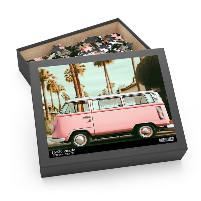 Neighborhood Retro Van 500-Piece Jigsaw Puzzle: pink, white pink vintage van with palm trees, retro photographic style