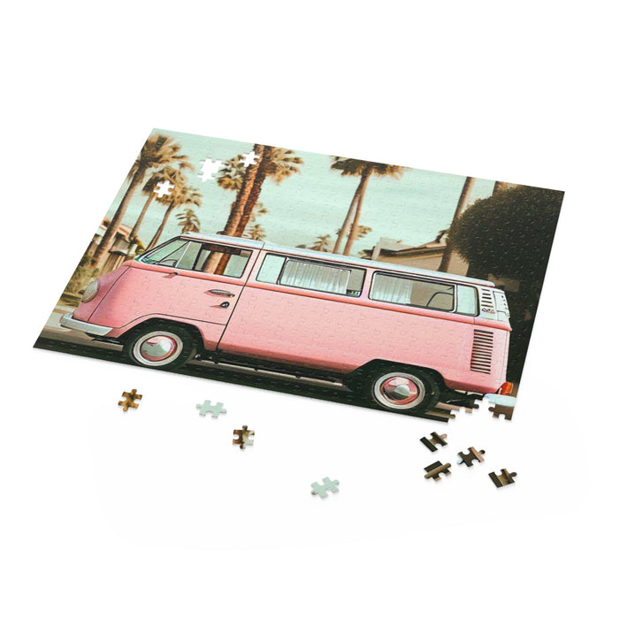 Neighborhood Retro Van 500-Piece Jigsaw Puzzle: pink, white pink vintage van with palm trees, retro photographic style