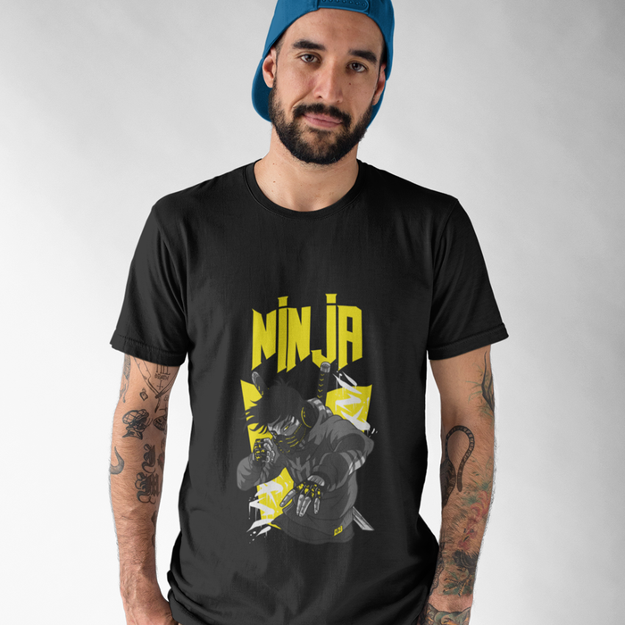 Ninja graphic tee for men: black, yellow ninja character, cartoon graphic style