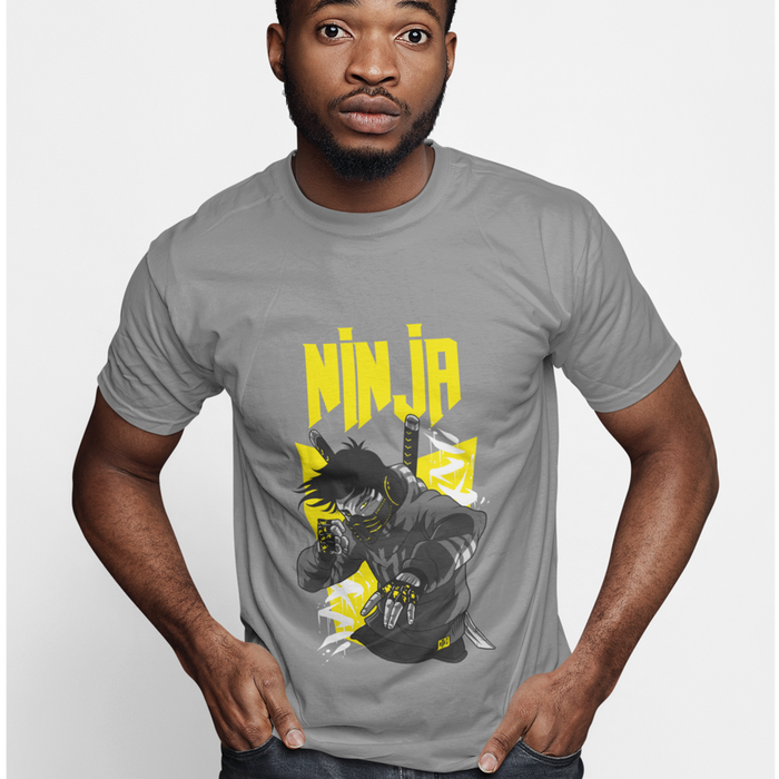 Ninja graphic tee for men: black, yellow ninja character, cartoon graphic style