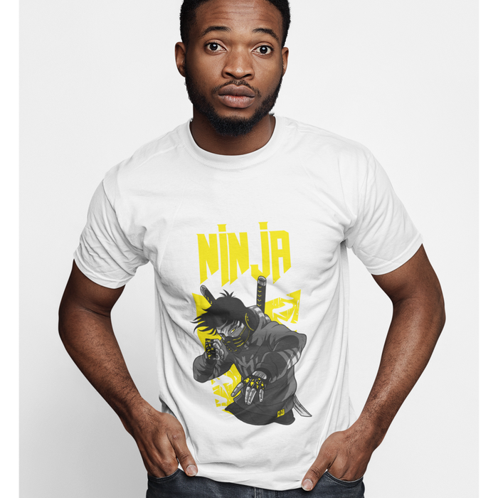 Ninja graphic tee for men: black, yellow ninja character, cartoon graphic style