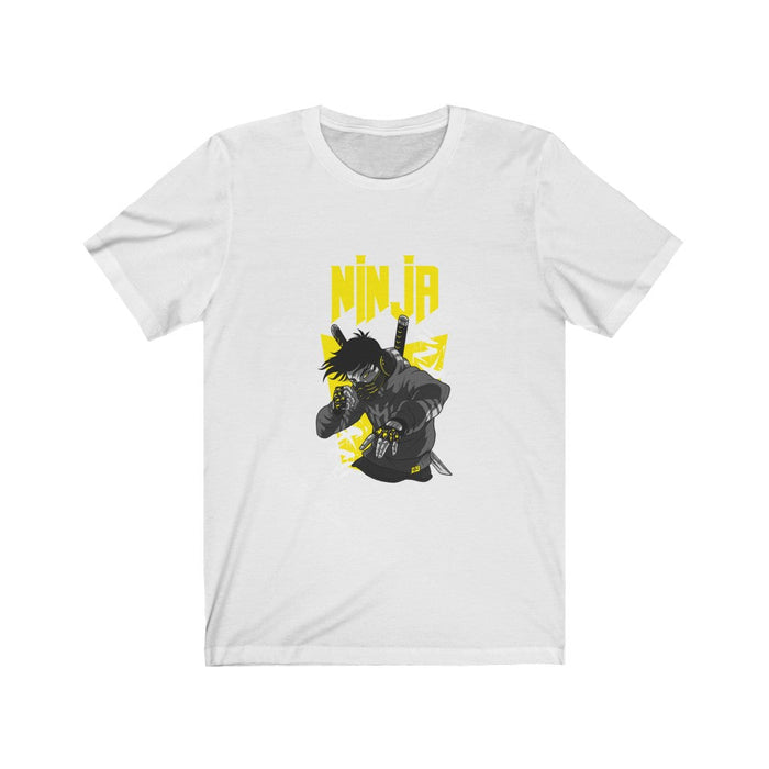 Ninja graphic tee for men: black, yellow ninja character, cartoon graphic style