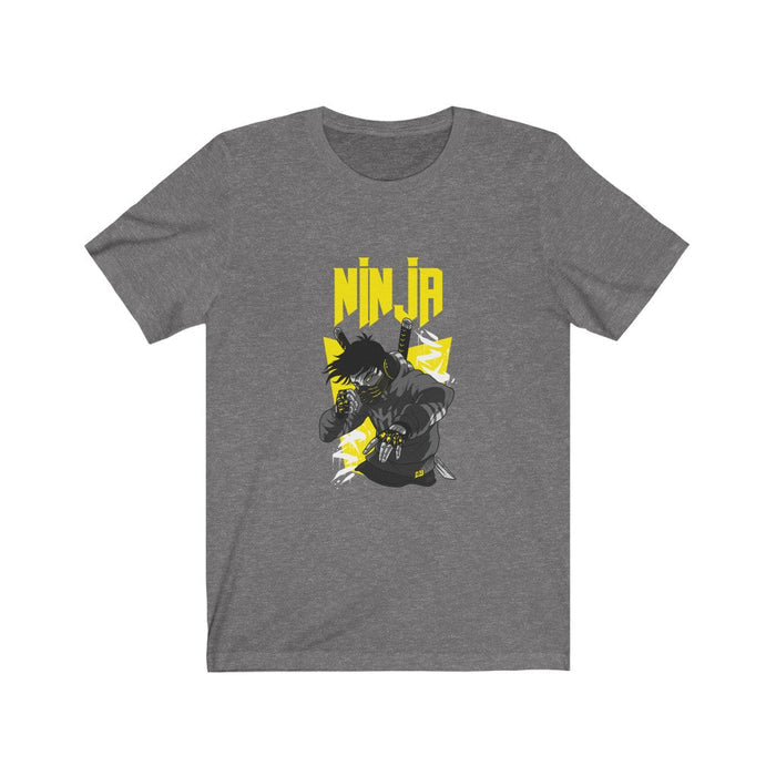 Ninja graphic tee for men: black, yellow ninja character, cartoon graphic style