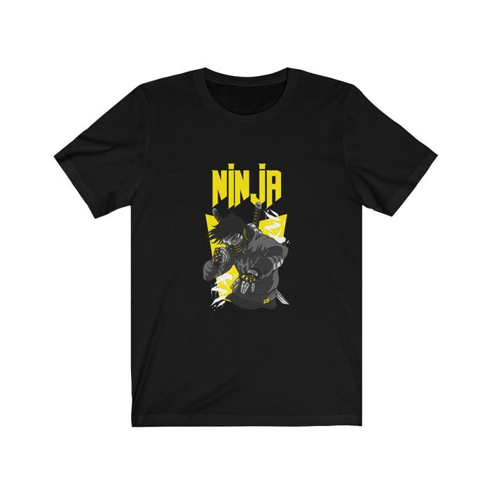 Ninja graphic tee for men: black, yellow ninja character, cartoon graphic style