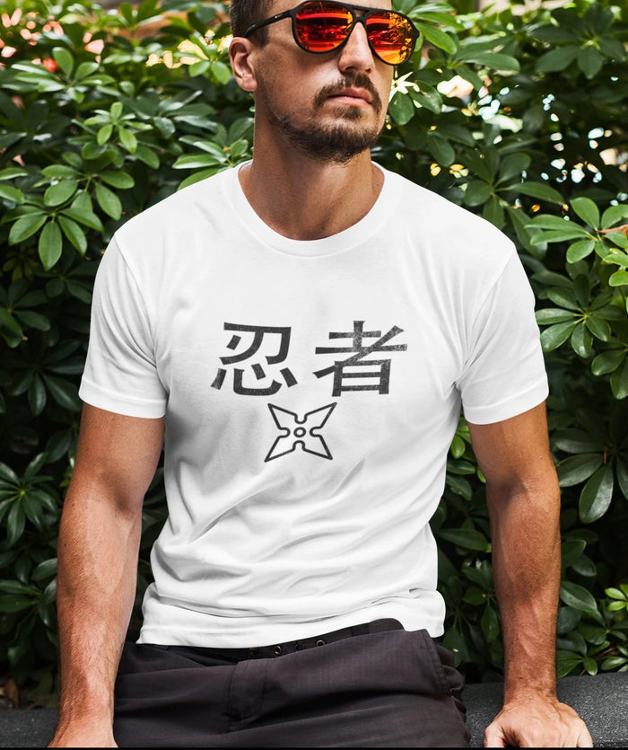 Ninja T-Shirt with a Worn-Out Look: white, dark gray ninja theme, minimal graphic style
