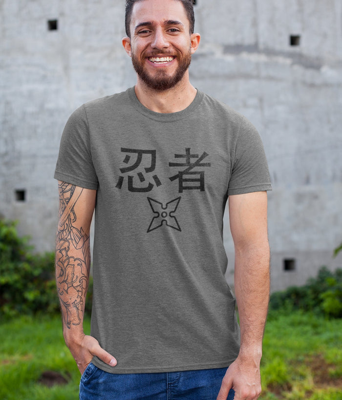 Ninja T-Shirt with a Worn-Out Look: white, dark gray ninja theme, minimal graphic style