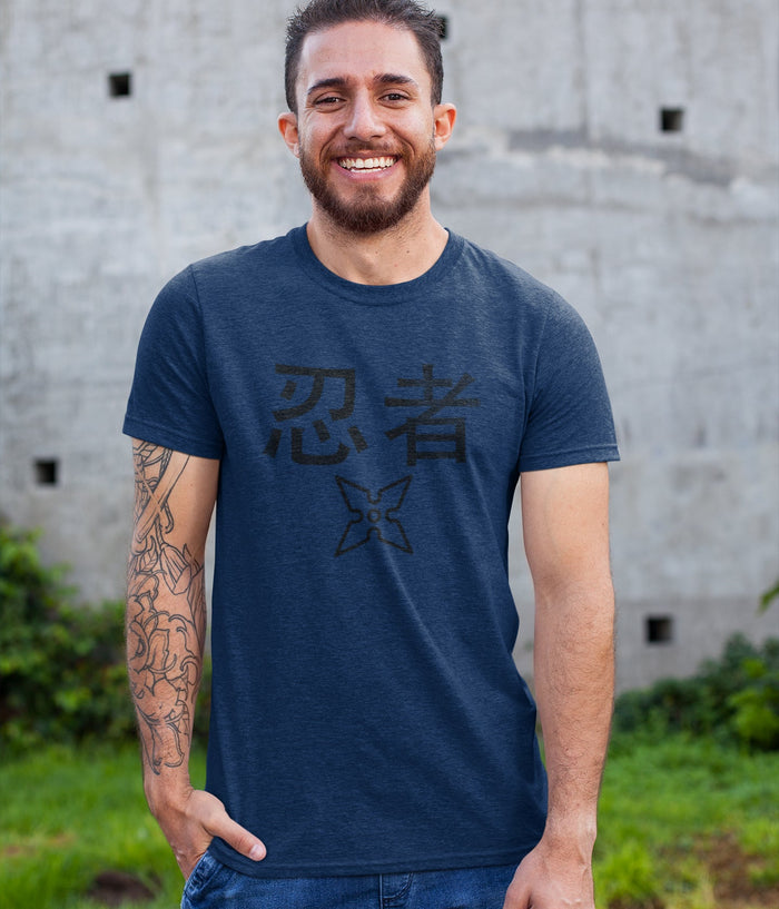 Ninja T-Shirt with a Worn-Out Look: white, dark gray ninja theme, minimal graphic style