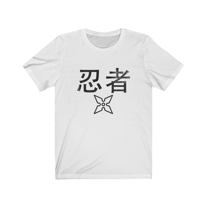 Ninja T-Shirt with a Worn-Out Look: white, dark gray ninja theme, minimal graphic style