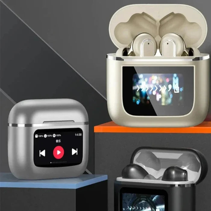Noise-Canceling Bluetooth Earbuds with Touch Screen Technology: silver, champagne gold wireless earbuds with charging cases