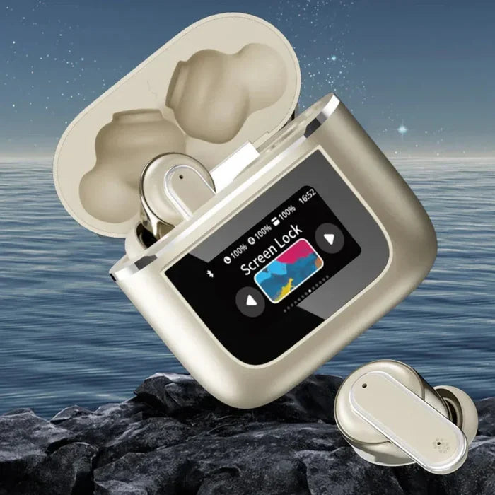 Noise-Canceling Bluetooth Earbuds with Touch Screen Technology: silver, champagne gold wireless earbuds with charging cases