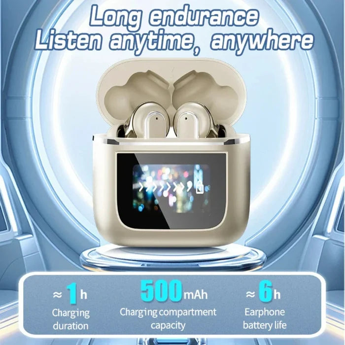 Noise-Canceling Bluetooth Earbuds with Touch Screen Technology: silver, champagne gold wireless earbuds with charging cases