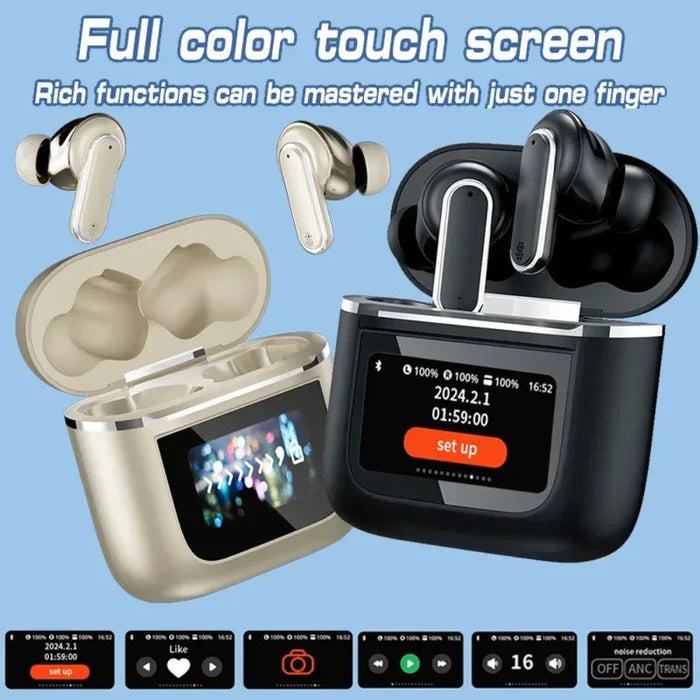Noise-Canceling Bluetooth Earbuds with Touch Screen Technology: silver, champagne gold wireless earbuds with charging cases