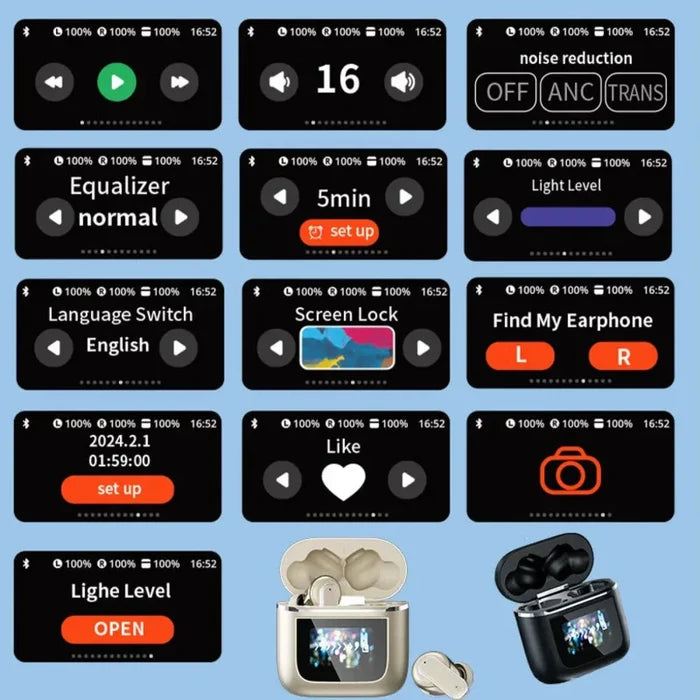 Noise-Canceling Bluetooth Earbuds with Touch Screen Technology: silver, champagne gold wireless earbuds with charging cases