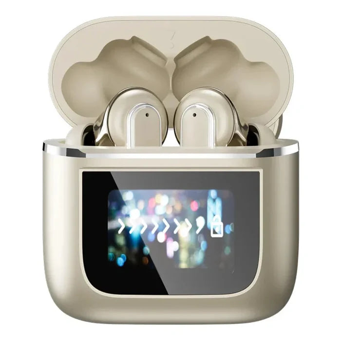 Noise-Canceling Bluetooth Earbuds with Touch Screen Technology: silver, champagne gold wireless earbuds with charging cases