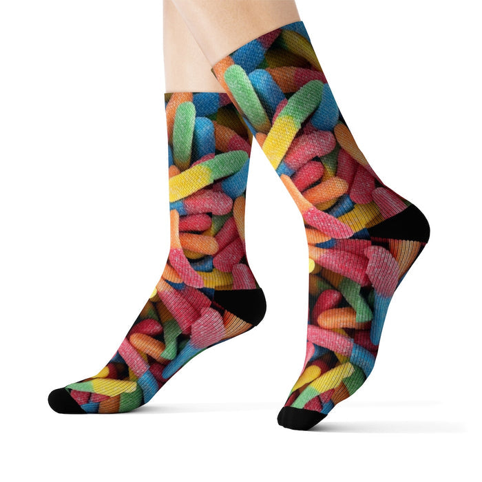 Novelty Socks: Sweet Gummy Candy Design: black, red multicolored gummy candy worms, playful graphic novelty style