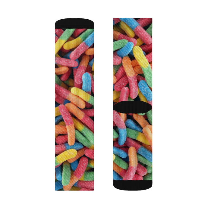 Novelty Socks: Sweet Gummy Candy Design: black, red multicolored gummy candy worms, playful graphic novelty style