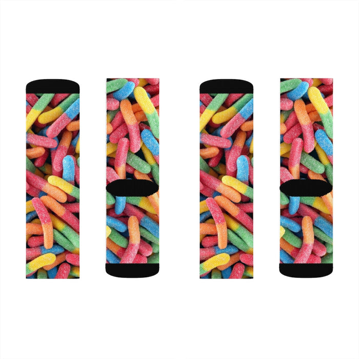 Novelty Socks: Sweet Gummy Candy Design: black, red multicolored gummy candy worms, playful graphic novelty style