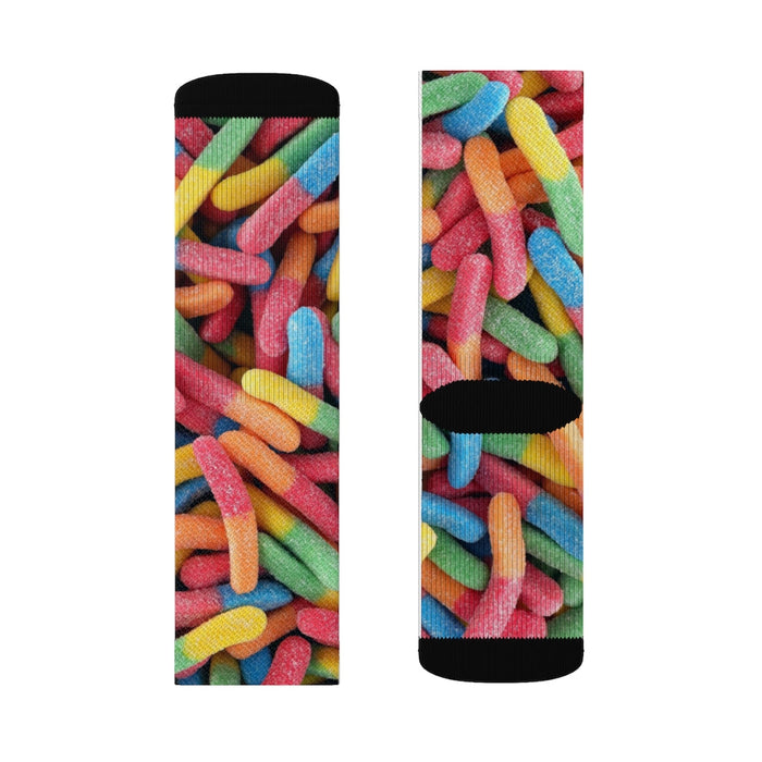Novelty Socks: Sweet Gummy Candy Design: black, red multicolored gummy candy worms, playful graphic novelty style