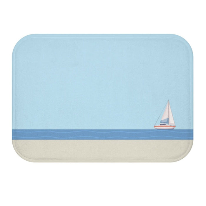 Ocean Adventure Sailboat Bath Mat: light blue, blue sailboat ocean scene, minimal nautical illustration style